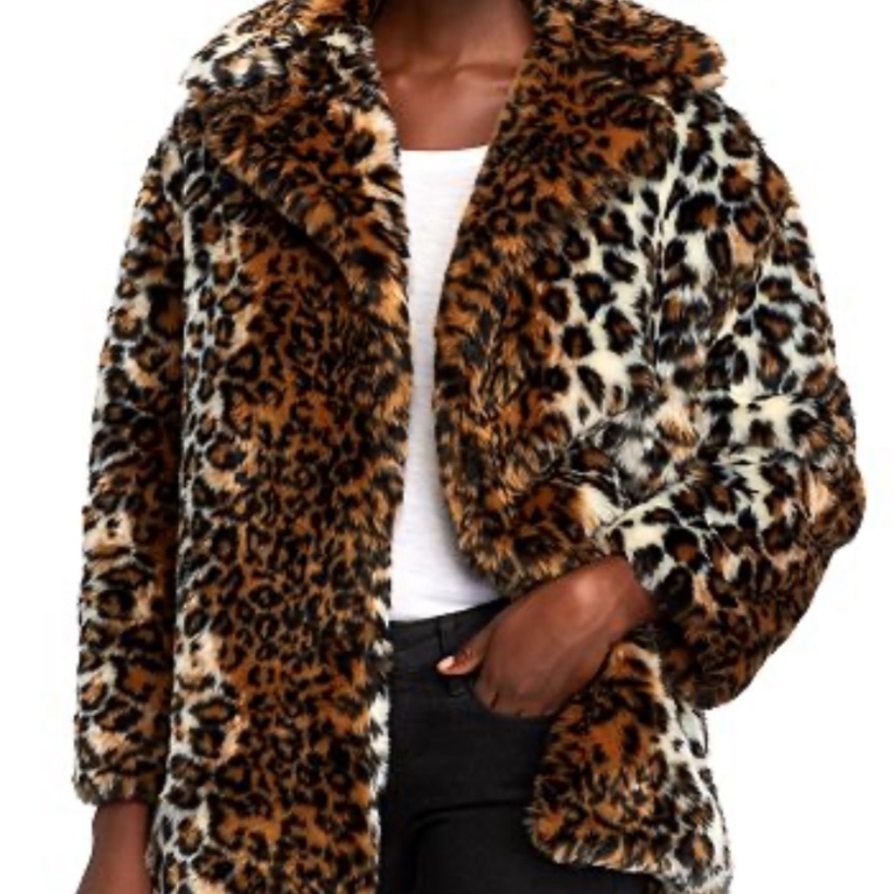 Pam & Gela P/S Brown Leopard Faux Fur Coat NEW SOFT WARM furry